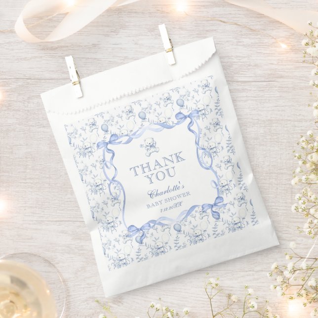 Toile De Jouy Teddy Bear Baby Shower Thank You Favor Bag (Clipped)