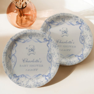 Toile De Jouy Teddy Bear Blue Baby Shower Paper Plates