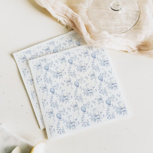 Toile De Jouy Teddy Bear Dusty Blue Baby Shower Napkins (Creator Uploaded)