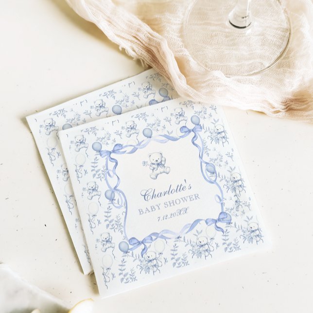 Toile De Jouy Teddy Bear Dusty Blue Baby Shower Napkins (Creator Uploaded)