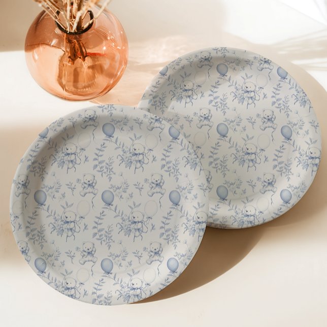 Toile De Jouy Teddy Bear Dusty Blue Baby Shower Paper Plates (Creator Uploaded)
