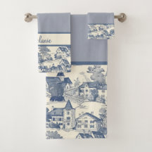 Toile de Jouy Village Scene Border on Blue