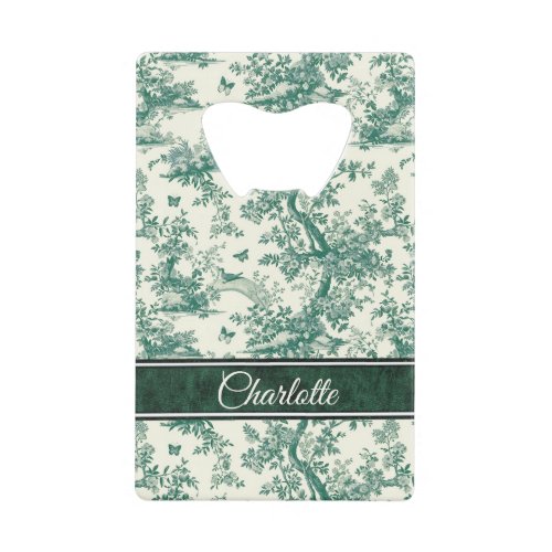 Toile de Jouy Vintage Green Butterfly Garden Credit Card Bottle Opener