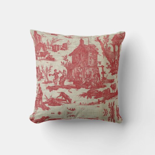 Toile de jouy Vintage Illustration Red The well Cu Throw Pillow