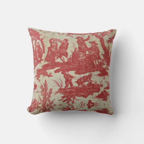 Toile de jouy Vintage Illustration Red The well  Throw Pillow