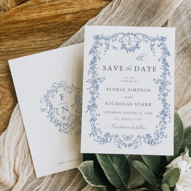 Toile de Jouy Wedding Save the Date Dusty Blue (Creator Uploaded)
