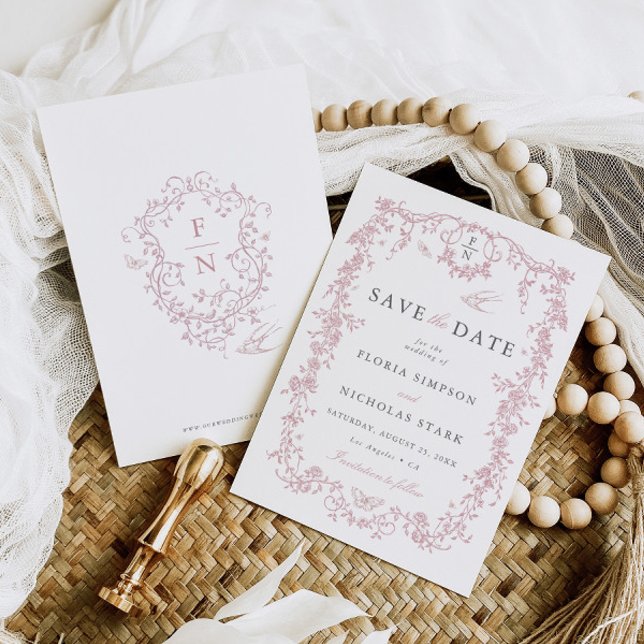 Toile de Jouy Wedding Save the Date Dusty Pink (Creator Uploaded)