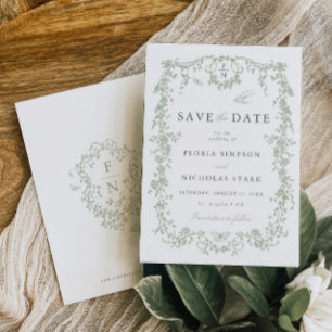 Toile de Jouy Wedding Save the Date Sage Green