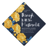 Toile De Jouy Yellow Bue Peony She Mastered It Graduation Cap Topper