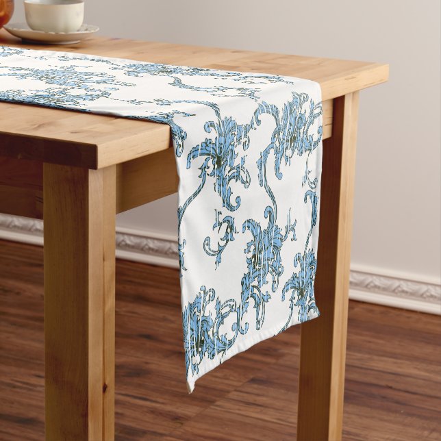 Toile de Joy. Floral. Blue.  Short Table Runner (In Situ)