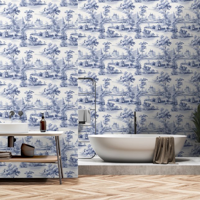 Toile du Jouy Blue Faux French  Wallpaper (Bathroom)