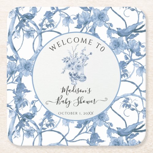 Toile Elegant Floral Blue and White Baby Shower Square Paper Coaster