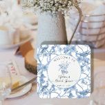 Toile Elegant Floral Blue and White Bridal Shower Square Paper Coaster<br><div class="desc">Classic, elegant and romantic TOILE BRIDAL SHOWER DECOR, that is customizable for any and all events. Soft dusty blue elegant hand painted watercolor, vintage style birds and flowers in trees design was inspired by Victorian era Chinoiserie Chinese blue and white pottery designs. Welcome your guests for a very special mother-to-be's...</div>