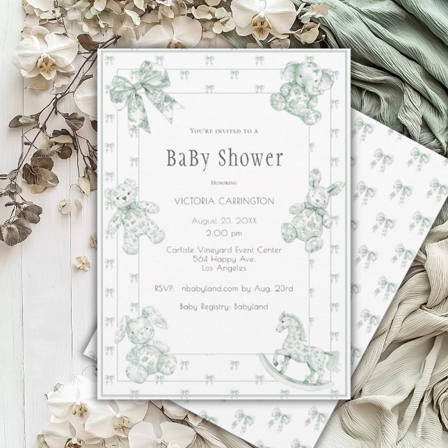 Toile Elegant Sage Green Baby Shower Invitation (Creator Uploaded)