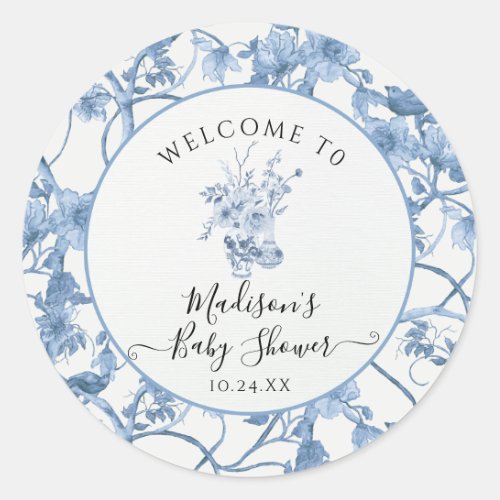 Toile Floral Blue and White Elegant Baby Shower Classic Round Sticker
