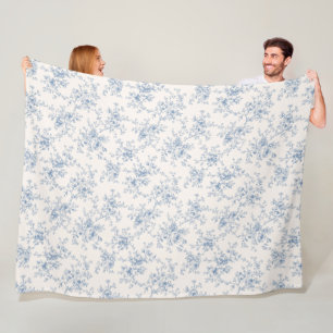 Toile Floral Bouquet Blue Cream Vintage Botanical Fleece Blanket