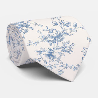 Toile Floral Bouquet Blue Cream Vintage Botanical Neck Tie