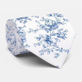 Toile Floral Bouquet Blue White Vintage Botanical Neck Tie