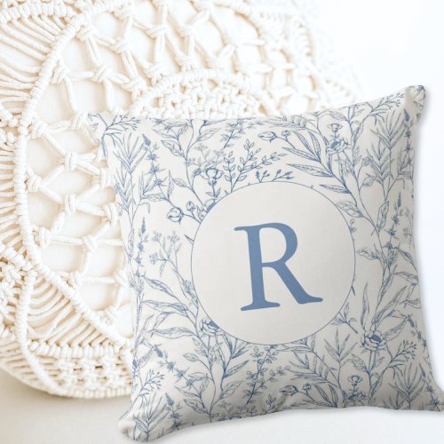 Toile Floral Monogram Dainty Blue French Theme Throw Pillow