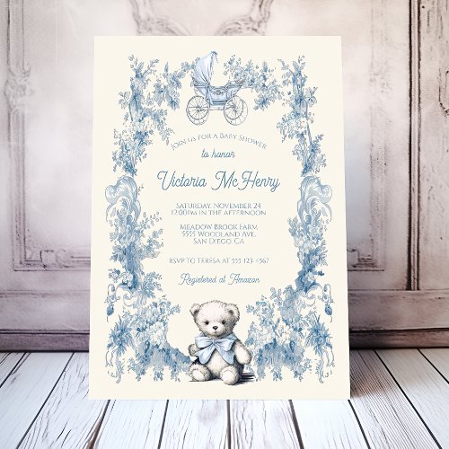 Toile Floral Teddy Bear Carriage Baby Shower Invitation