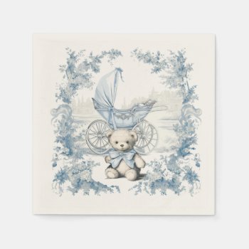 Toile Floral Teddy Bear Carriage Baby Shower Napkins by McBooboo at Zazzle