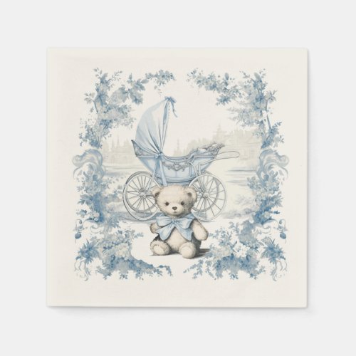 Toile Floral Teddy Bear Carriage Baby Shower Napkins