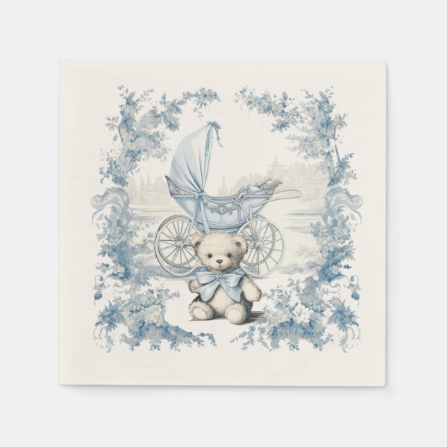 Toile Floral Teddy Bear Carriage Baby Shower Napkins (Front)