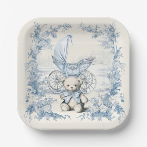 Toile Floral Teddy Bear Carriage Baby Shower Paper Plates