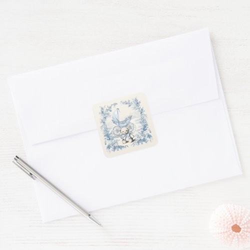 Toile Floral Teddy Bear Carriage Baby Shower Square Sticker