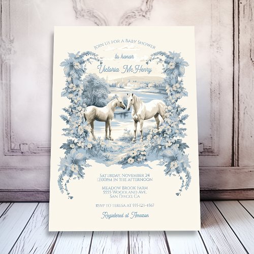 Toile Floral White Horses Baby Shower Invitation