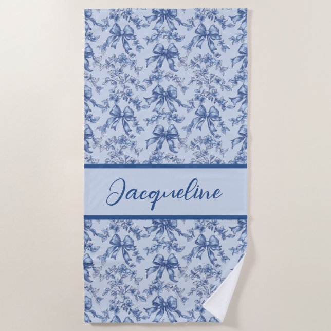 Toile French Blue Coquette Bow Wedding Party Beach Towel (Front)