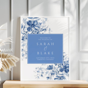 Toile French Blue Floral Wedding Welcome Poster