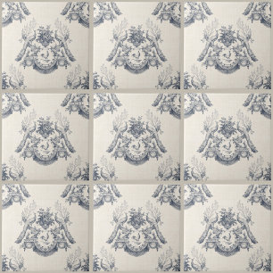 Toile French Blue Vintage Peacock Rabbit N Rooster Ceramic Tile