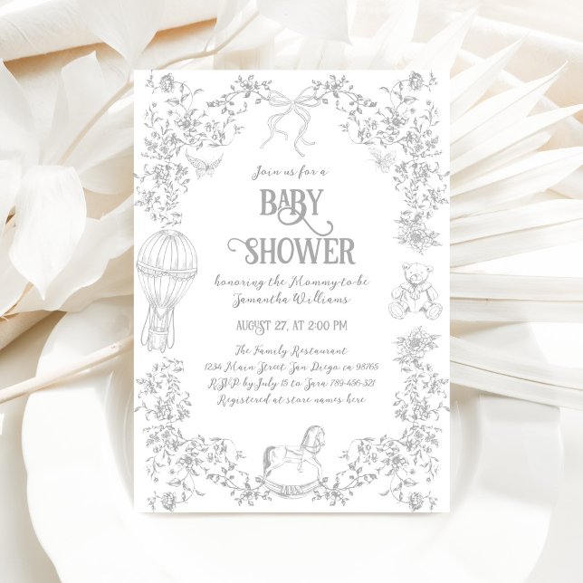Toile French Elegant Gray Neutral Baby Shower Invitation (Creator Uploaded)