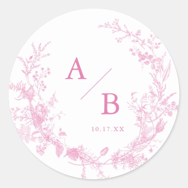 Toile French Pink Wedding Monogram  Classic Round Sticker (Front)