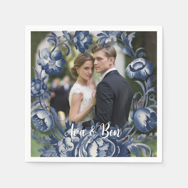 Toile French Vintage Blue Floral Wedding Napkins (Front)