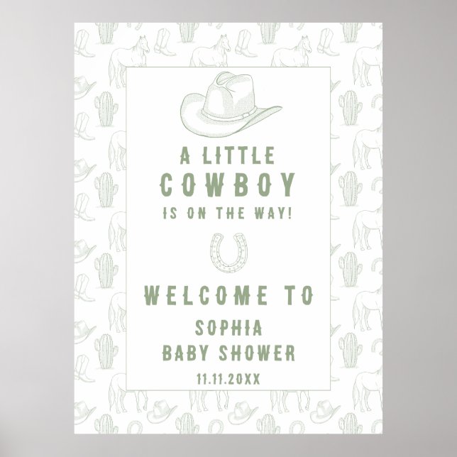 Toile Green Cowboy Welcome baby shower Poster (Front)