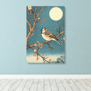 Toile Moonlit Bird on Blossom Branch Canvas Print