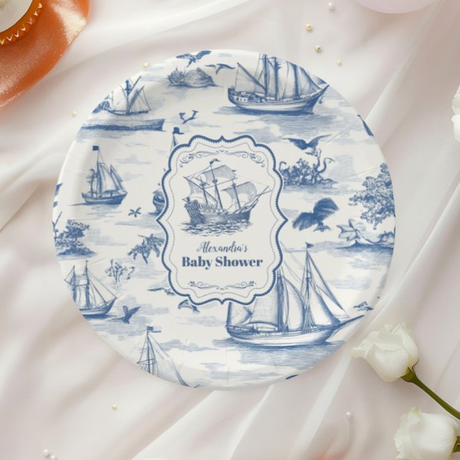 Toile Nautical Baby Shower Paper Plates (Creator Uploaded)
