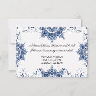 Toile Navy n White Damask Swirl Wedding Reception Invitation