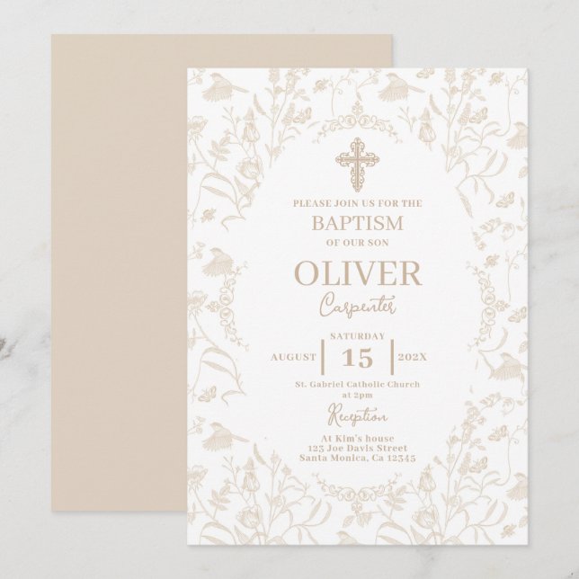 Toile Neutral Baptism Invitation (Front/Back)
