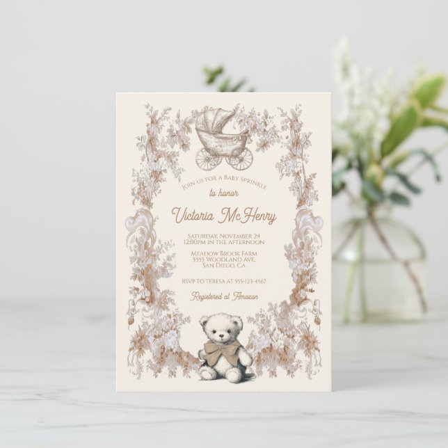 Toile Neutral Teddy Bear Carriage Baby Shower Invitation (Standing Front)