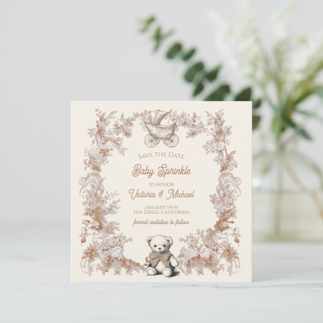 Toile Neutral Teddy Bear Carriage Save the Date Invitation (Standing Front)