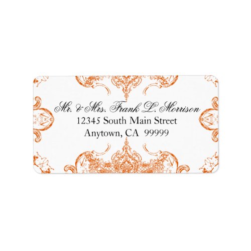 Toile Orange n White Damask Swirl Wedding Labels