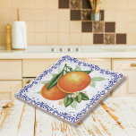 Toile Oranges Ceramic Tile<br><div class="desc">This lovely European style ceramic tile features two luscious oranges surrounded by a toile border! A bunch of bright, ripe oranges on a branch encircled with generous green leaves. A border of royal navy blue toile filagree borders the design. A perfect touch for your Italian or French countryside inspired kitchen!...</div>