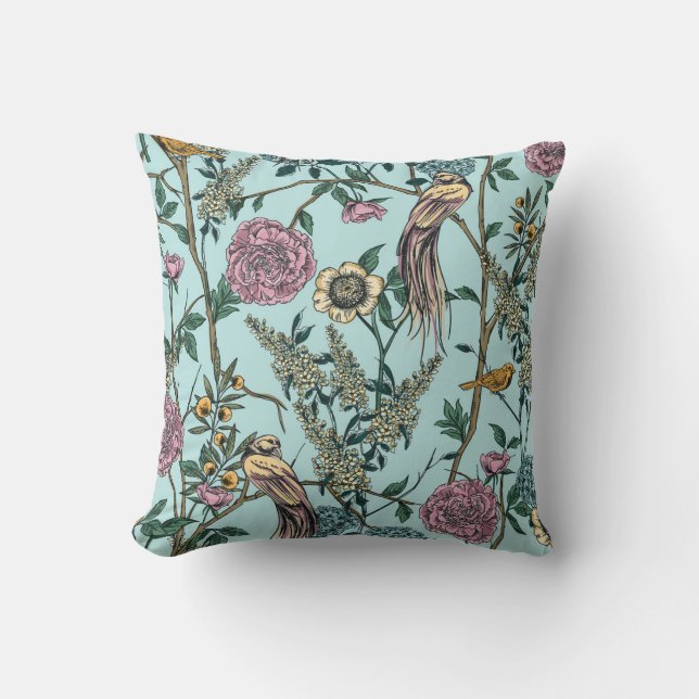 Toile Pattern Teal Throw Pillow (Front)