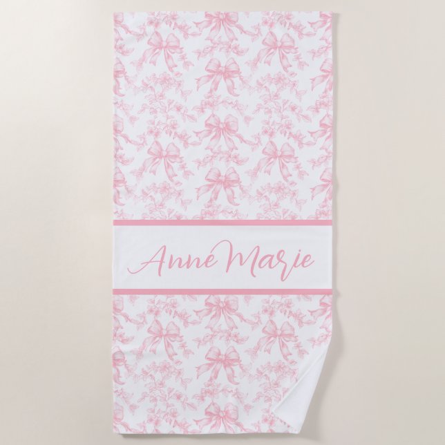 Toile Pink and White Coquette Bow Wedding Party Beach Towel (Front)