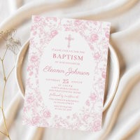 Toile Pink Bow Baptism Girl Invitation