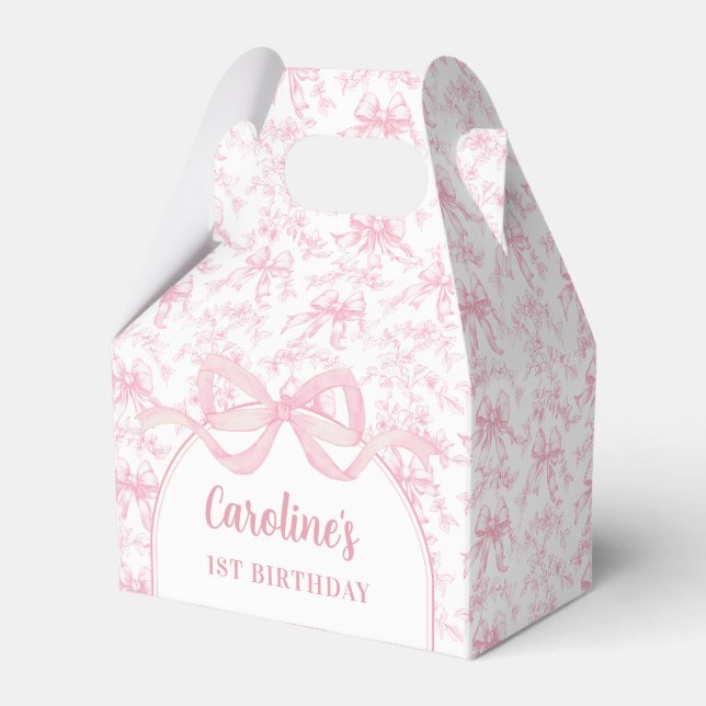 Toile Pink Bow Birthday Favor Box (Front Side)