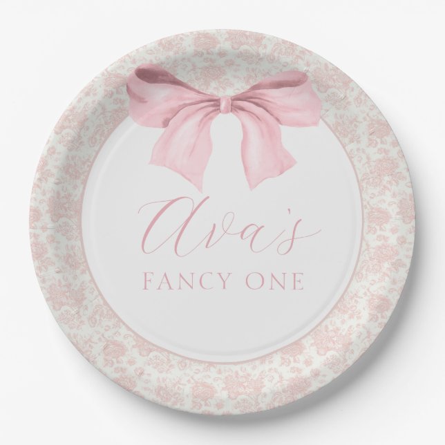 Toile Pink Bow Birthday Paper Plates (Front)
